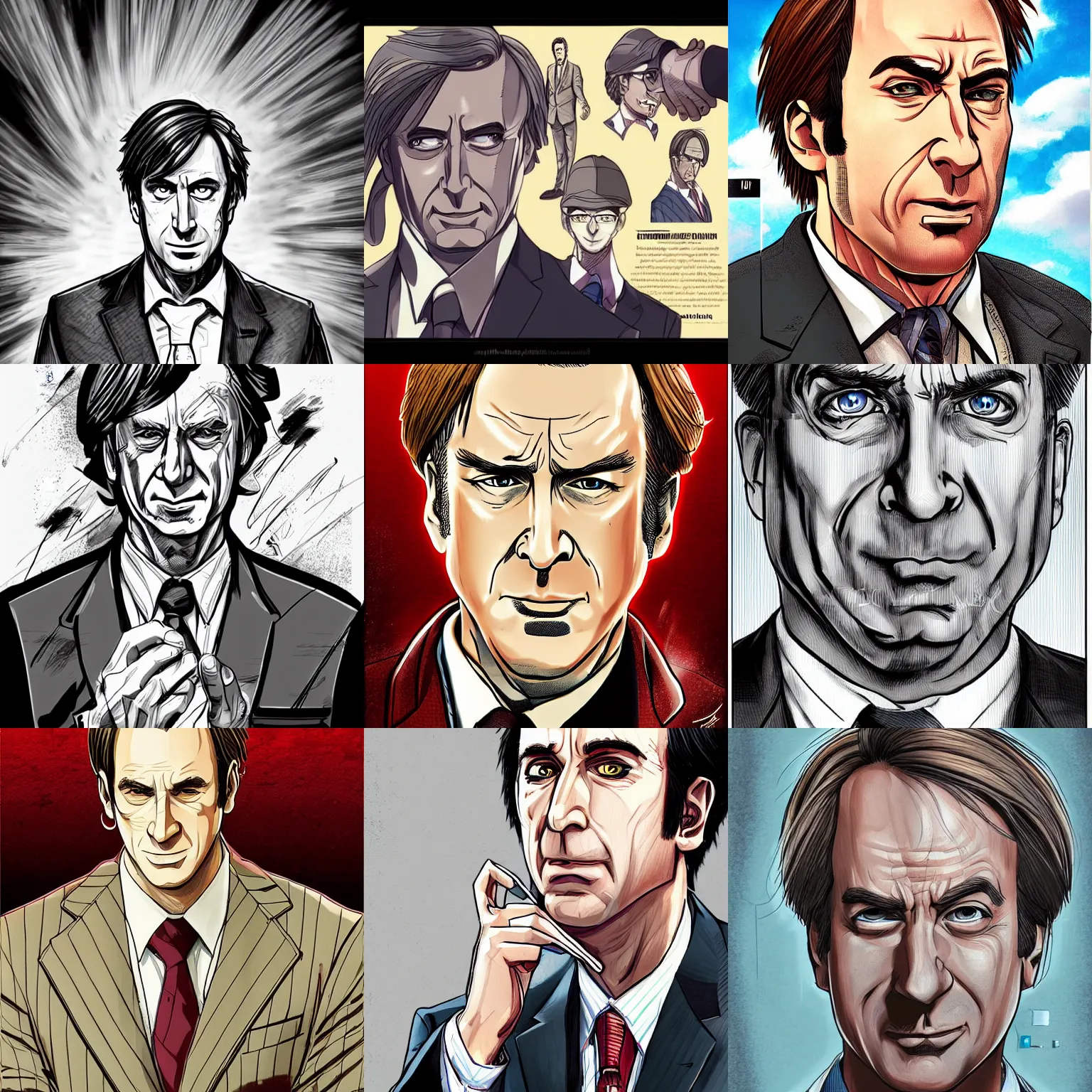 Prompt: amazing highly detailed professional illustration of saul goodman as a seinen manga character, smooth, artstation