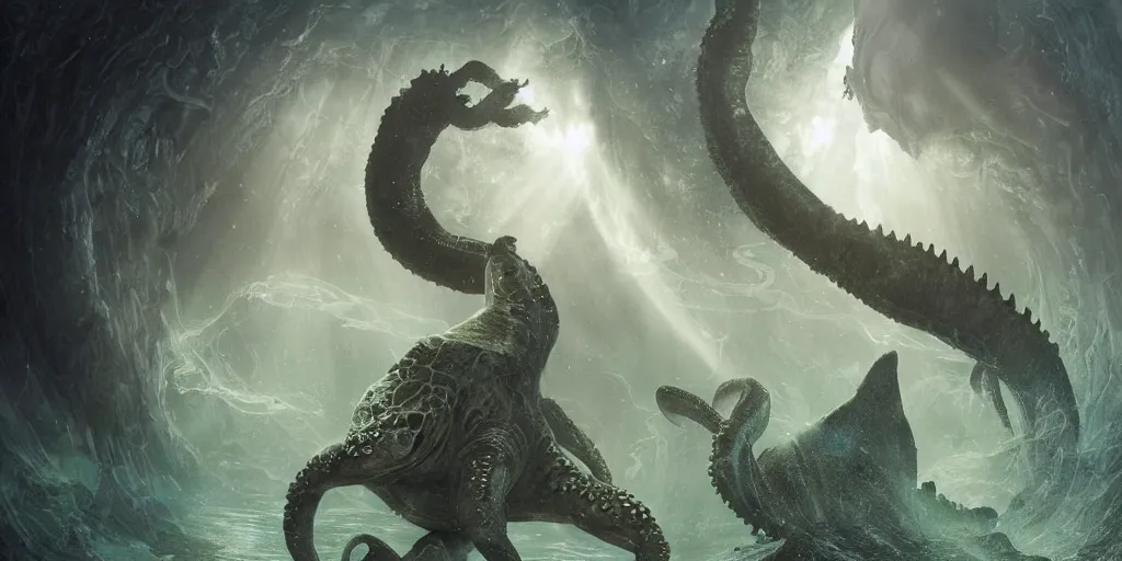 Image similar to Fantasy fairytale story, Great Leviathan Turtle, cephalopod, Cthulhu Squid, Mysterious Island, center Universe, accompany hybrid, Cory Chase, Blake Lively, Anya_Taylor-Joy, Grace Moretz, Halle Berry, Mystical Valkyrie, Anubis-Reptilian, Atlantean Warrior, intense fantasy atmospheric lighting, hyperrealistic, William-Adolphe Bouguereau, François Boucher, Jessica Rossier, Michael Cheval, michael whelan, Cozy, hot springs hidden Cave, candlelight, natural light, lush plants and flowers, Spectacular Mountains, bright clouds, luminous stellar sky, outer worlds, Solar Flare Unreal Engine, HD,