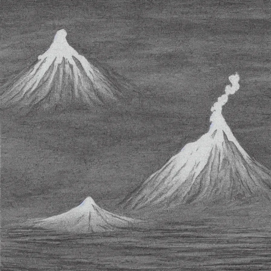 Prompt: japanese black and white drawing of a volcano