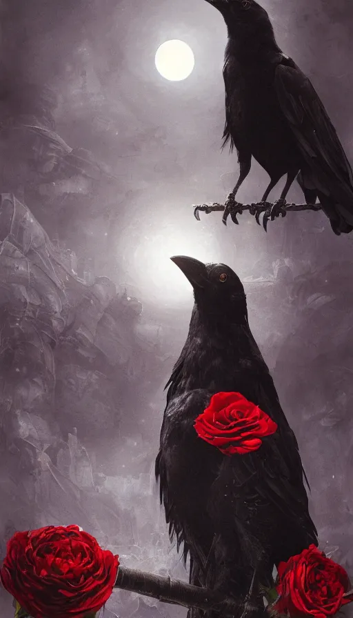 Image similar to portrait, A crow with red eyes in front of the full big moon, book cover, red roses, red white black colors, establishing shot, extremly high detail, foto realistic, cinematic lighting, by Yoshitaka Amano, Ruan Jia, Kentaro Miura, Artgerm, post processed, concept art, artstation, raphael lacoste, alex ross, portrait, A crow with red eyes in front of the full big moon, book cover, red roses, red white black colors, establishing shot, extremly high detail, foto realistic, cinematic lighting, by Yoshitaka Amano, Ruan Jia, Kentaro Miura, Artgerm, post processed, concept art, artstation, raphael lacoste, alex ross