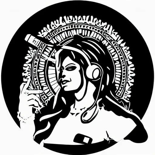 Image similar to svg vector sticker of absolutely divine-deity-angel, rocking out, wearing headphones, huge speakers, dancing, rave, DJ, spinning records, digital art, amazing composition, rule-of-thirds, award-winning, trending on artstation, featured on deviantart, uncropped, white-space, far-back, complete-subject