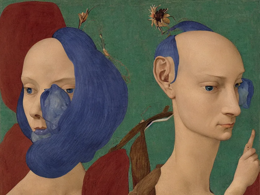 Prompt: portrait of a bald woman head, negative horse head with close up exotic iris flower. lapis - lazuli turquoise, malachite, cinnabar, earth brown painting by piero della francesca, balthus, agnes pelton