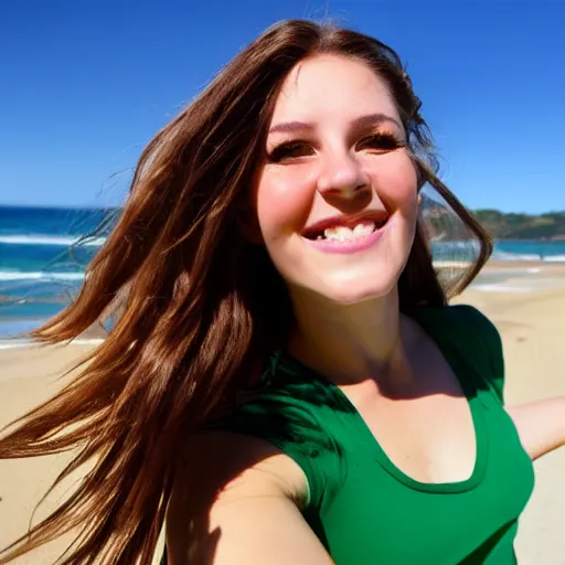 Prompt: Selfie photograph of a cute young woman with bronze brown hair and vivid green eyes, smiling smugly, medium shot, mid-shot, beach background