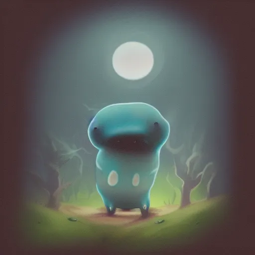 Image similar to Cuddly slime creature wandering a dark deep forest, Airbrush Style, Foggy, Moody, Horror