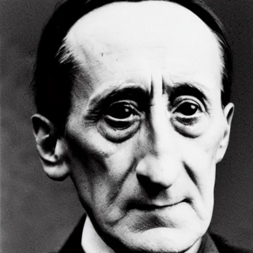 Prompt: a close - up wistful portrait of marcel duchamp in the style of hito steyerl and shinya tsukamoto and irving penn