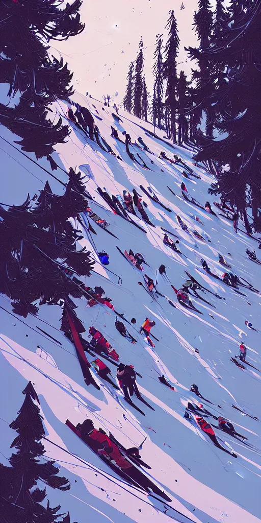 Image similar to by moebius and atey ghailan | the bottom of a ski slope with a huge pile of tangled up skiers |