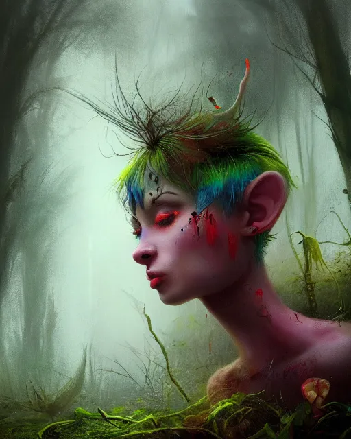 Prompt: a film still extreme close - up shot of a pixie in a misty swamp landscape by esao andrews and peter mohrbacher. colorful, vibrant. trending on artstation