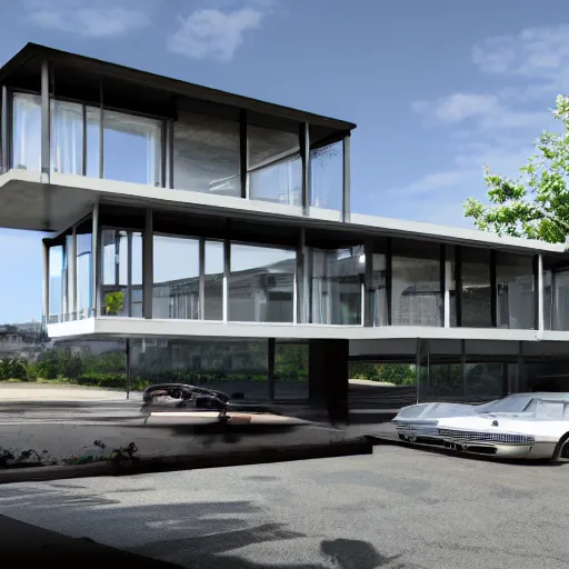 Prompt: second story cantilevered white brutalist elevated home on top of 2 large oblong piers, large windows, elegant, white stone, proportion, golden ratio, epic composition, steel window mullions, digital illustration, cars parked underneath