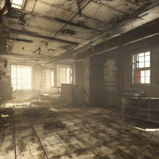 Image similar to fallout concept art building interior render grim realistic lighting unreal engine 5