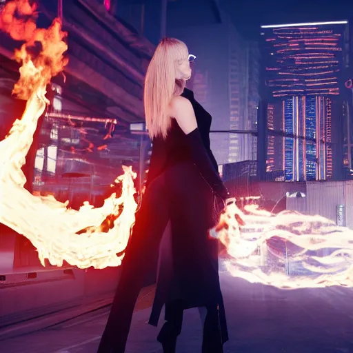 Image similar to beautiful young blonde russian woman from back with flames dancing on her hands with very long jacket in cyberpunk city, realistic, high definition, 4K, shimmering color, art of unreal engine 5 H 1280
