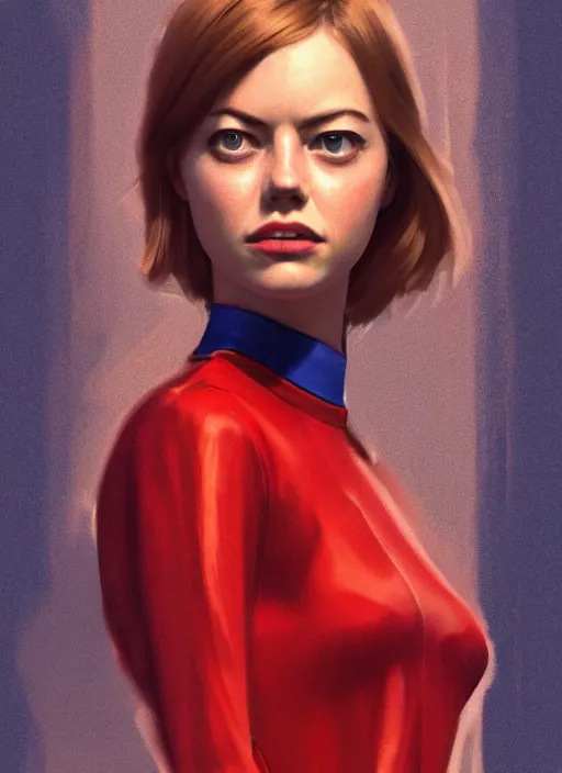 Prompt: speaking teenage emma stone in red futuristic jumpsuit with blue collar, portrait, highly detailed, starwars, trending on artstation, characterdesign, sharp focus, illustration, digital matte painting, art by greg rutkowski