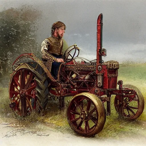 Prompt: ( ( ( ( ( the medieval king riding royal farm tractor, fully ornated with intricate gold and jewels. muted colors. ) ) ) ) ) high resolution, high quality, by jean - baptiste monge