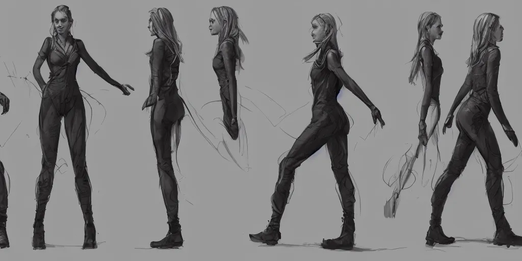 Image similar to halston sage running down a dream, walking cycle, character sheet, fine details, concept design, contrast, kim jung gi, greg rutkowski, trending on artstation, 8 k, full body, turnaround, front view, back view, ultra wide angle