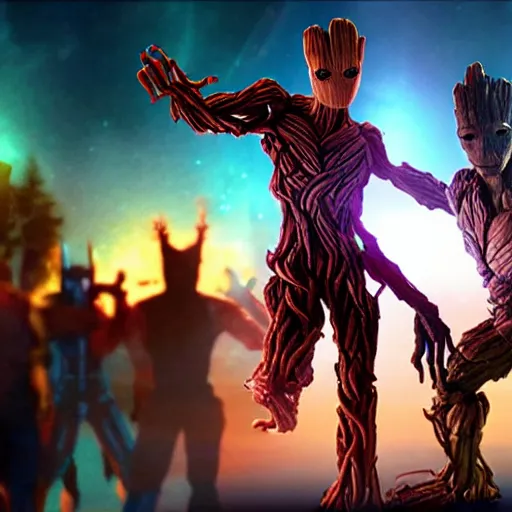 Image similar to groot and optimus prime in techno party among people dancing, wide shoot, after effect ultra realistic 3 d