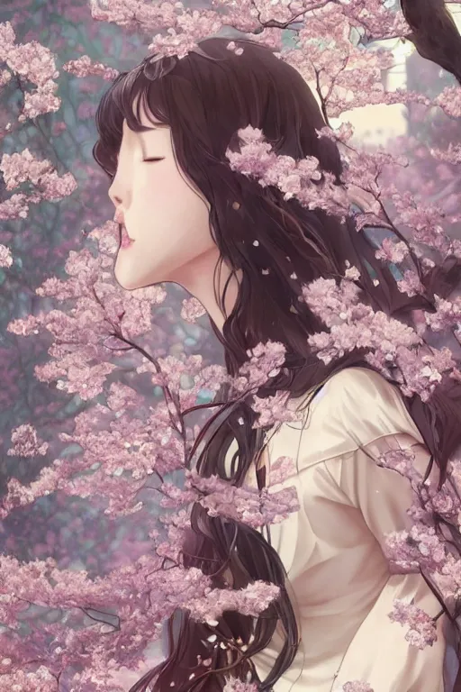 Image similar to beautiful cottagecore anime BTS k-pop band, phone wallpaper. intricate, elegant. the background is cherry blossoms !. highly detailed, digital painting, artstation, concept art, smooth, sharp, focus, illustration. . art by artgerm and greg rutkowski and alphonse mucha, in the style of japanese manga