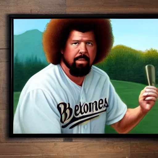 Image similar to a closeup photorealistic photograph of bob ross painting an image of kenny powers pitching a baseball on a canvas. mountains and trees. film still. brightly lit scene. this 4 k hd image is trending on artstation, featured on behance, well - rendered, extra crisp, features intricate detail, epic composition and the style of unreal engine.