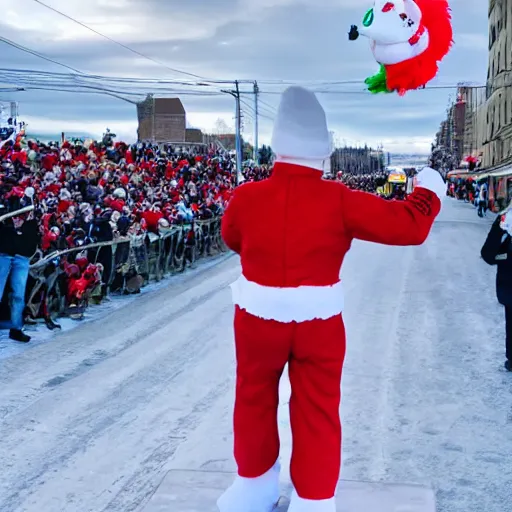 Image similar to a high quality photography of guy a lepage saluting the bonhomme carnaval