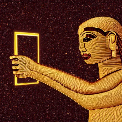 Image similar to A computer art. A rip in spacetime. Did this device in his hand open a portal to another dimension or reality?! Egyptian, burnt umber by George Lucas mournful, frightful