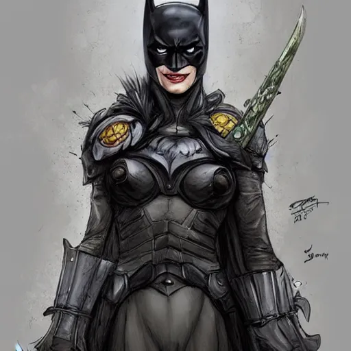 Image similar to batman as an attractive young smiling woman wearing a mushroom crown and heavy armoured wedding dress, face portrait, hd shot, digital portrait, beautiful, fantasy art, artstation, comic style, by artgerm, guy denning, jakub rozalski, magali villeneuve and charlie bowater