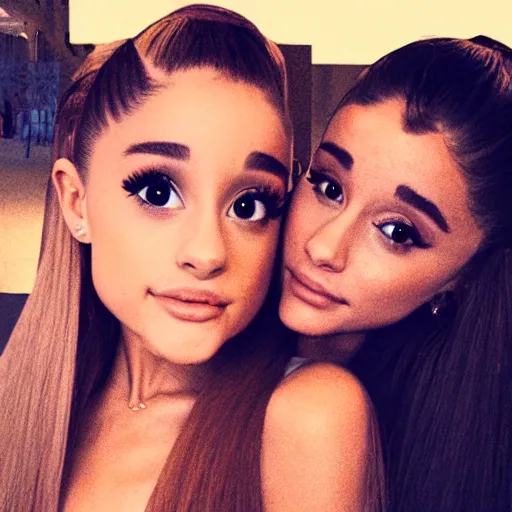 Prompt: Selfie photograph of Ariana Grande and Ariana Grande, golden hour, 8k,