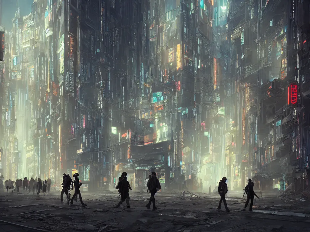 Prompt: travelers walking through the remnants of a dystopian city, classical architecture, technological lights, screens, cyberpunk ads, ancient buildings, cyberpunk style, 8 k resolution, by hugh ferris and john smith, polished, fine detail, intricate, blue color scheme, cyberpunk style, smooth, octane, concept art, trending on artstation