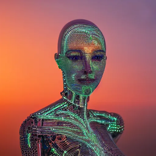 Image similar to beautiful centered Fine art photo of young woman humanoid robot, half body in water, solarpunk mechanical parts with led lights, real human face, photorealistic, white background, highly detailed and intricate, sunset lighting, HDR 8k