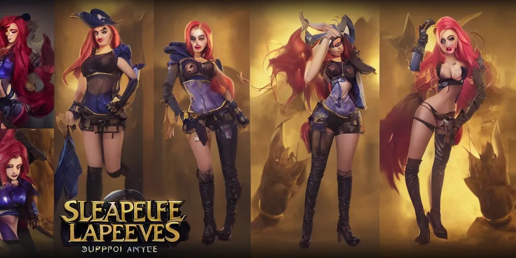 Image similar to character sheet of Sophie Turner dressed as miss fortune as a character in the game League of Legends, with a background based on the game League of Legends, 3d render, octane render, iRay, ray tracing, realistic, highly detailed, trending on artstation, 4k, cgsociety, unreal engine 5, redshift render, blender cycles, behance, cg