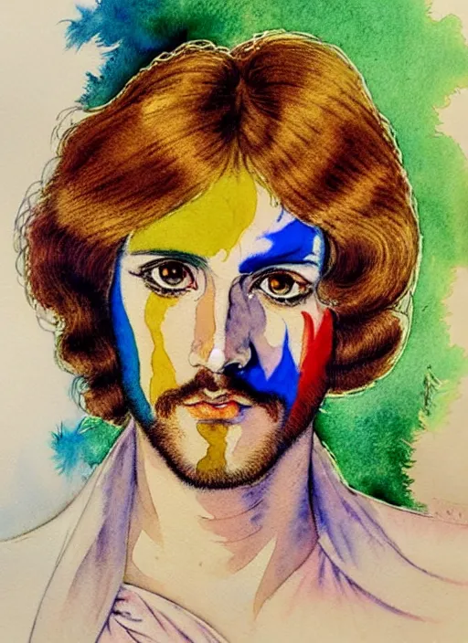 Image similar to vintage 7 0 s anime watercolor, a portrait of a man with colorful face - paint enshrouded in an impressionist watercolor, abstract representation of the meaning of life in the background by william holman hunt, art by cicley mary barker, thick impressionist watercolor brush strokes, portrait painting by daniel garber, minimalist simple pen and watercolor