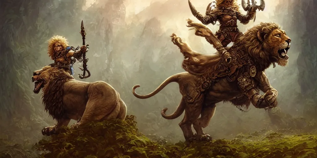 Image similar to halfling druid ranger riding a lion, realistic, ultra detailed, fantasy character portrait, ultra realistic, wide angle, intricate details, highly detailed by peter mohrbacher, hajime sorayama, wayne barlowe, boris vallejo, aaron horkey, gaston bussiere, craig mullins