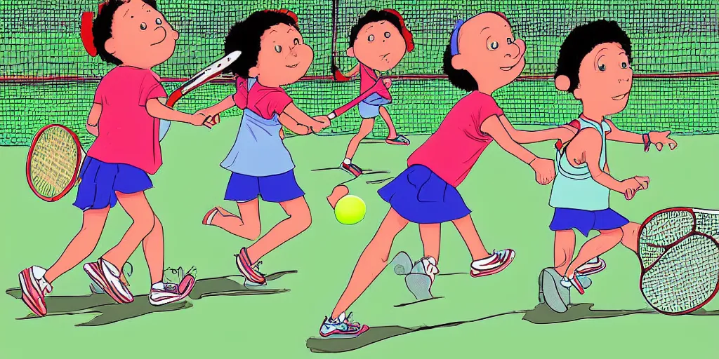 Prompt: digital art of anatomically correct kids playing tennis by quino