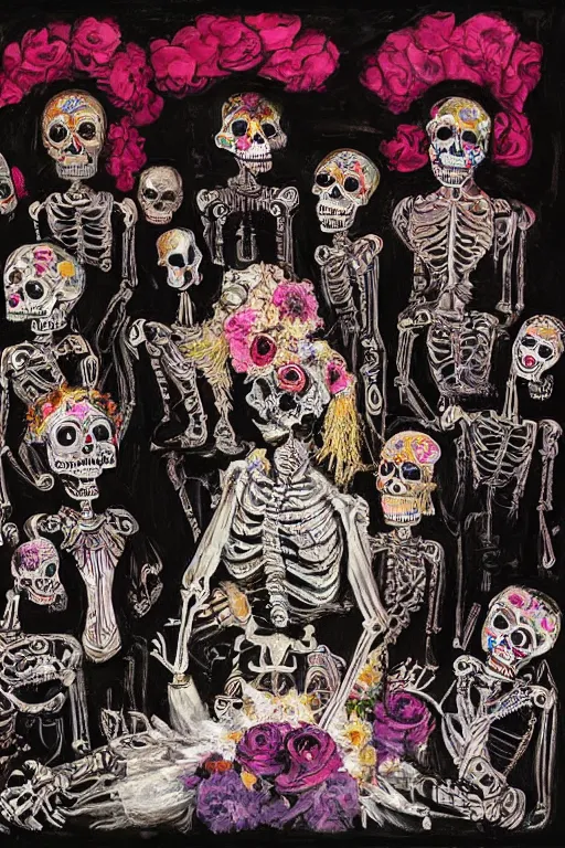 Image similar to scene from wedding, day of the dead, cyber skeletons, queen in black silk in the center, neon painting by otto dix