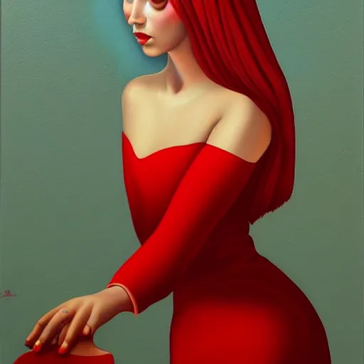 Image similar to a painting of a beautiful woman!!! wearing red, an ultrafine detailed painting by rafal olbinski, behance contest winner, pop surrealism, detailed painting, very detailed, minimalist, airbrush art