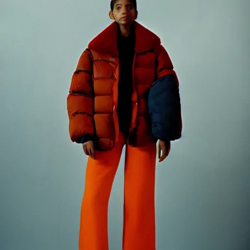 Prompt: realistic! photoshoot for a new balenciaga lookbook, color film photography, portrait of a beautiful woman wearing a puffer blazer, photo in style of tyler mitchell, 35mm