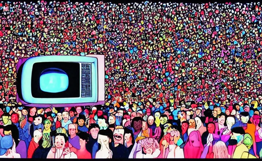 Prompt: a painting of hundreds of people being brainwashed by a giant 1 9 8 0 s crt television