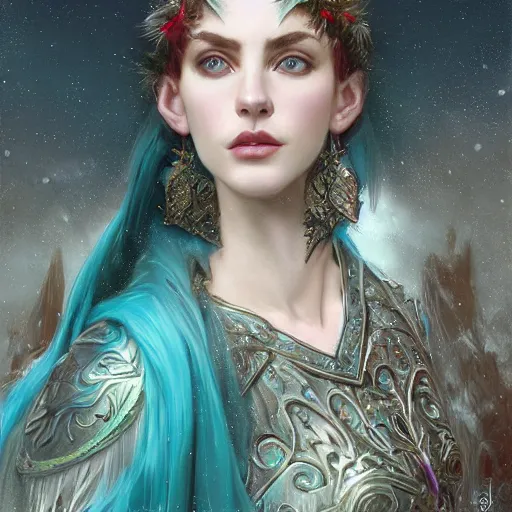 Image similar to a mid - shot portrait of a handsome snow elf with a bow in a turquoise cape and glittering silver ornate armor, pale skin, winter vibes, intricate, elegant, artgerm, tomasz alen kopera, greg rutkowski, alphonse mucha, concept art, sharp focus, octane render, cgsociety