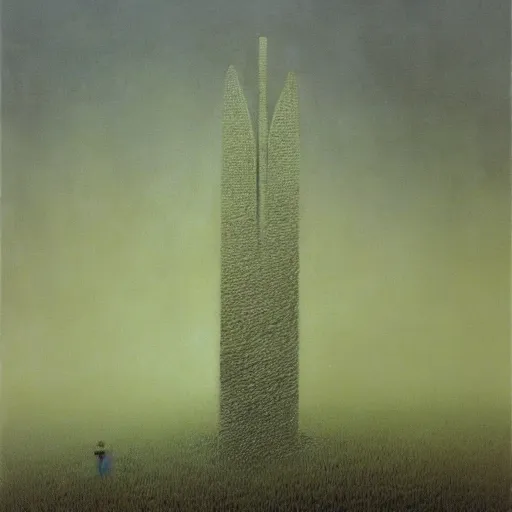 Prompt: arm reaching out of thick fog, rows of obelisks in the distance, intricate zdzislaw beksinski