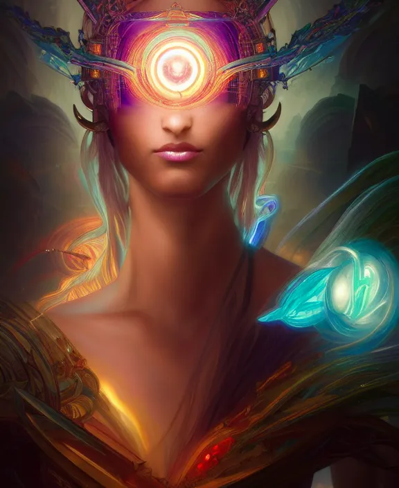 Image similar to a whirlwind of souls rushing inside the metaverse, half body, glowin eyes, tiara with sapphire, pharaoh, android, cyberpunk, d & d, fantasy, intricate, elegant, highly detailed, colorful, vivid color, digital painting, artstation, concept art, art by artgerm and greg rutkowski and alphonse mucha and ruan jia