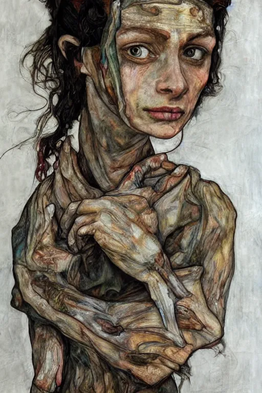 Image similar to a character in style of herakut and egon schiele, masterpiece, centered, hyperdetailed, complex, intricate, veiled, 4 k, dynamic!! trending on artstation,