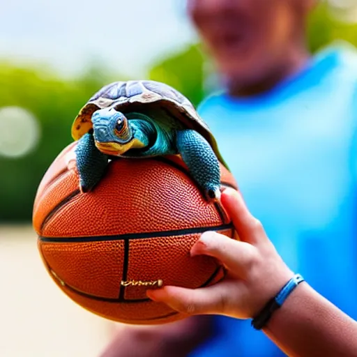 Image similar to a happy tortoise riding a basketball on the road, close up, dslr photo