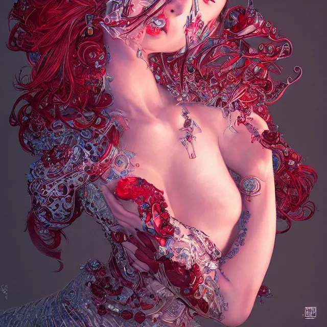 Image similar to studio portrait of absurdly beautiful, elegant, young hypercolorful gravure idol made of rubies and red gems, ultrafine hyperrealistic detailed face illustration by kim jung gi, irakli nadar, intricate linework, sharp focus, bright colors, matte, octopath traveler, final fantasy, unreal engine highly rendered, global illumination, radiant light, intricate environment