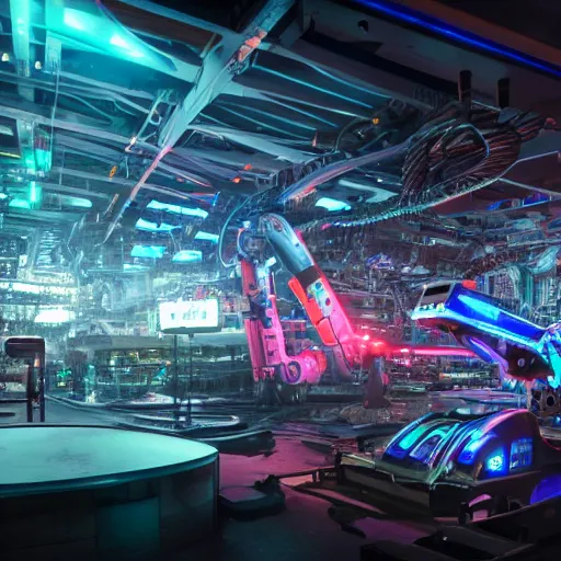 Prompt: scene of a huge robotic toad is being built by many people, surrounded by epic machines and computer screens, glowing cables, intricate details, ultra - realistic, 8 k, octane render, hyper realism, faded neon, metallic, shine, heavy gloss, heavy sparkle, grime, haze