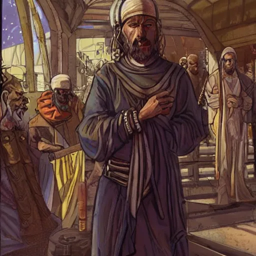 Prompt: Xerxes the Beggar priest with cyberpunk headset in a busy spaceport on Poseidon 5 colony. Gritty Concept art by James Gurney.