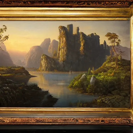 Prompt: an ultra detailed painting of a mysterious lagoon, far away behind it is a cliff with a dark castle on top of it with a few windows lit, twilight, highly detailed, fantasy
