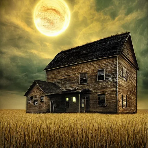 Prompt: an old farm house in a tall grass prairie with a Banshee at night,by Igor Morski