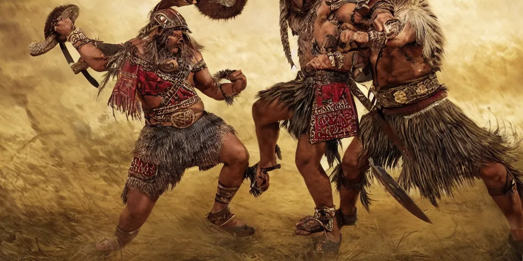 Image similar to Aztec Jaguar Warrior fighting against Odin (Viking) in a one on one fight. Highly detailed, movie scene.