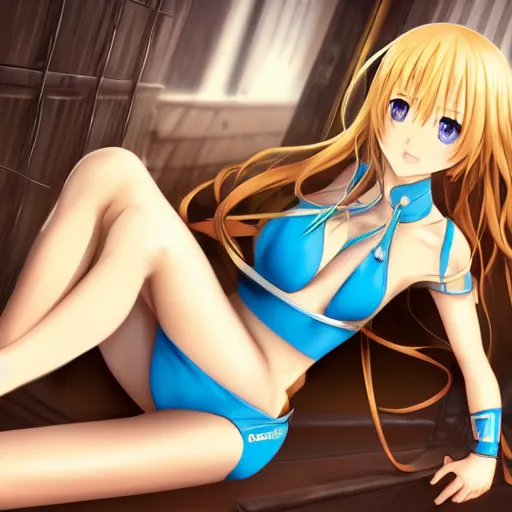 Image similar to a very beautiful young yuuki asuna, full body, long wavy blond hair, sky blue eyes, full round face,, shiny golden bikini, miniskirt, front shot, sitting in a dark prison cell, highly detailed, cinematic wallpaper by stanley artgerm lau