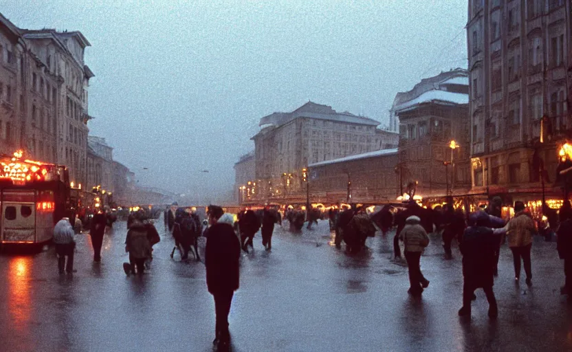 Prompt: 1990s movie still of a yougoslavian street with many pedestrians with stalinist style highrise, Cinestill 800t 18mm, heavy grainy picture, very detailed, high quality, 4k panoramic, HD criterion, dramatic lightning, streetlight at night, rain, mud, foggy, many CCCP flags