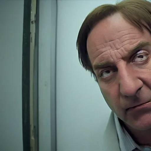 Image similar to Saul Goodman chained in an asylum room, claustrophobic, security camera recording