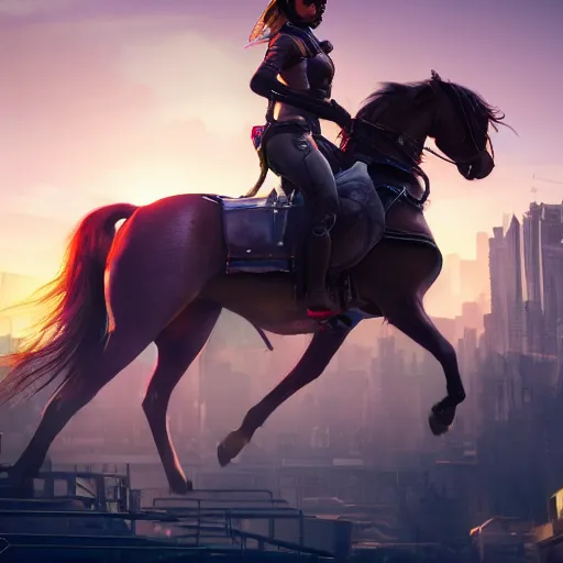 Prompt: a beautiful queen riding on a horse in a cyberpunk city looking at the camera, 4k ultra realistic image trending on artstation