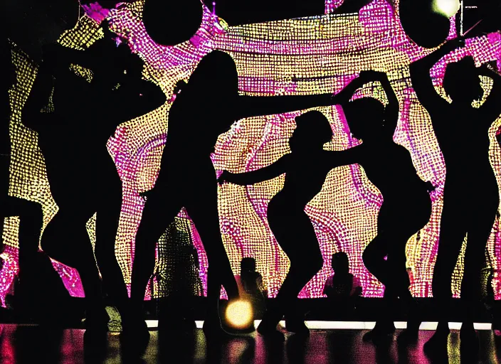 Prompt: a 2 8 mm macro photo of dancers at a colorful discotheque in silhouette in the 1 9 7 0 s, bokeh, canon 5 0 mm, cinematic lighting, dramatic, film, photography, golden hour, depth of field, award - winning, 3 5 mm film grain